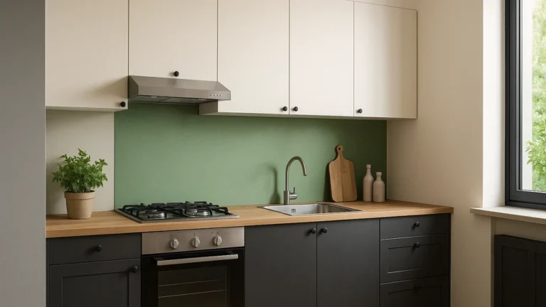 Idées peinture cuisine : bas sombre/haut clair avec crédence vert sauge lessivable, plans de travail bois et appareils inox