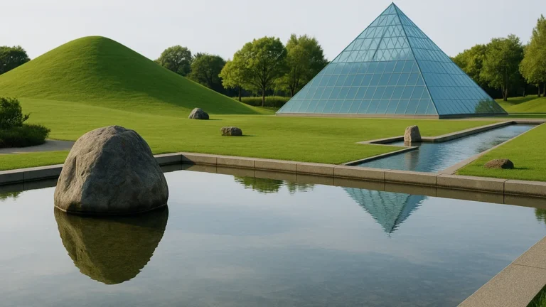 Isamu Noguchi architecture – parc-sculpture avec miroir d’eau, rochers, canal et pyramide de verre évoquant Moerenuma Park ; topographies douces et paysage contemplatif.