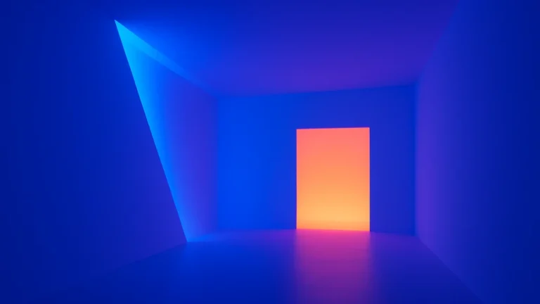 James Turrell Paris – salle immersive de lumière : champ bleu type Ganzfeld avec ouverture orange/ambre façon Glassworks, perception de l’espace transformée (Gagosian Le Bourget).