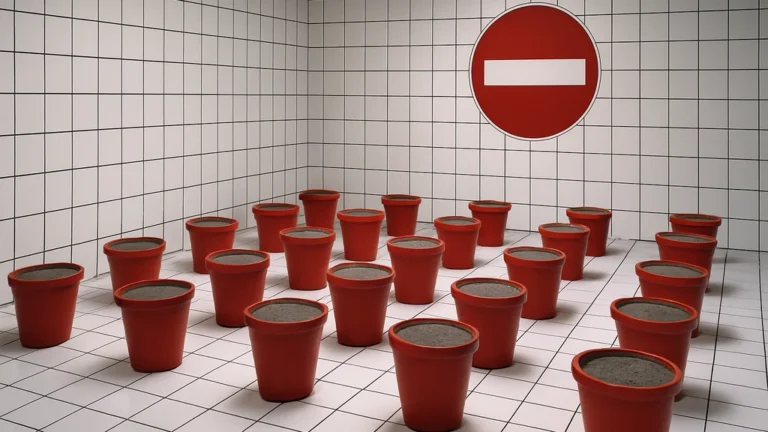 Jean-Pierre Raynaud – salle carrelée blanc/joints noirs, rangées de pots rouges remplis de ciment et panneau de sens interdit, esthétique de la standardisation et du signe.