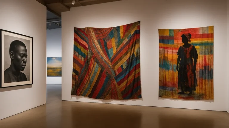 Salle d’art contemporain aux murs blancs présentant de grandes œuvres textiles et un portrait photographique, lumière naturelle douce — évocation de la scène panafricaine chère à Koyo Kouoh.