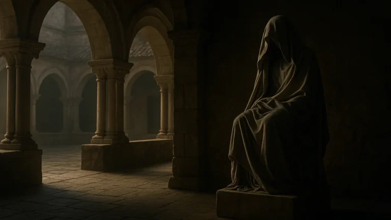 Monastère ancien et statue voilée – évocation fictive de l’univers de Michelangelo “Mimo” Vitaliani (Veiller sur elle, Prix Goncourt 2023) ; aucune photo réelle du personnage n’existe.