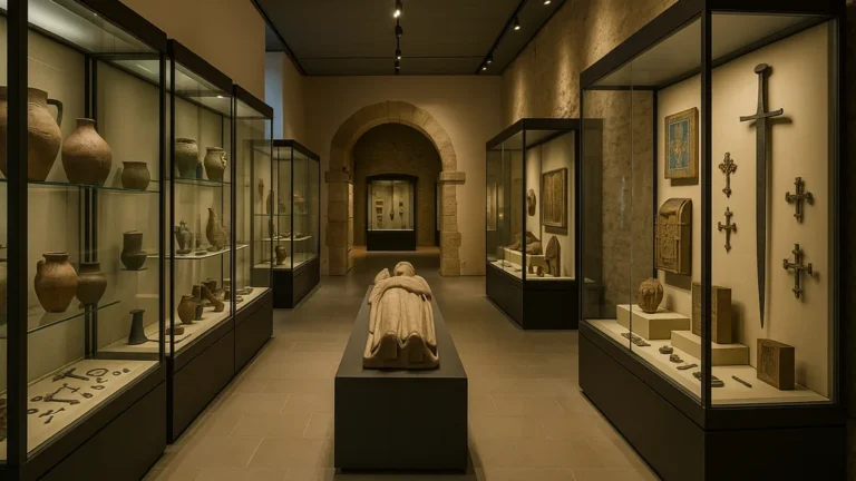 Salle d’archéologie du Musée Jean-Claude Boulard – Carré Plantagenêt au Mans : vitrines contemporaines avec céramiques, objets gallo-romains et gisant médiéval, ambiance muséale sobre.