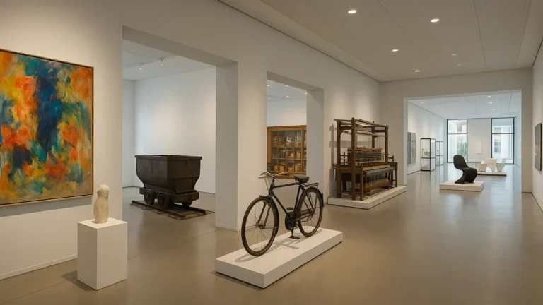 Grand hall muséal réunissant quatre thèmes de Saint-Étienne : peinture contemporaine, berline de mine, ancien vélo et métier à tisser, et espace design lumineux — clin d’œil au MAMC+, au Puits Couriot, au Musée d’Art & d’Industrie et à la Cité du design