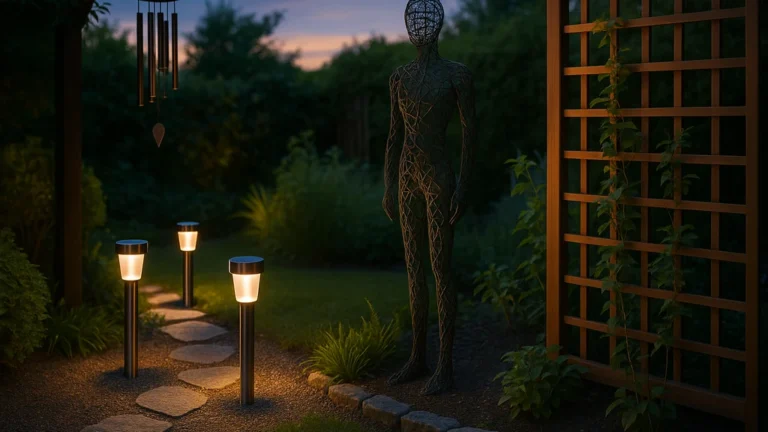 Objets décoratifs pour le jardin : bornes solaires IP44 balisant une allée, statue métallique ancrée, carillon suspendu et treillage bois classe 4 avec grimpantes — scène crépusculaire durable et sécurisée