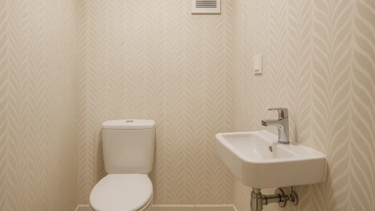 WC avec papier peint vinyle lessivable beige à motif discret, lave-mains mural, bouche d’aération en hauteur et joints étanches