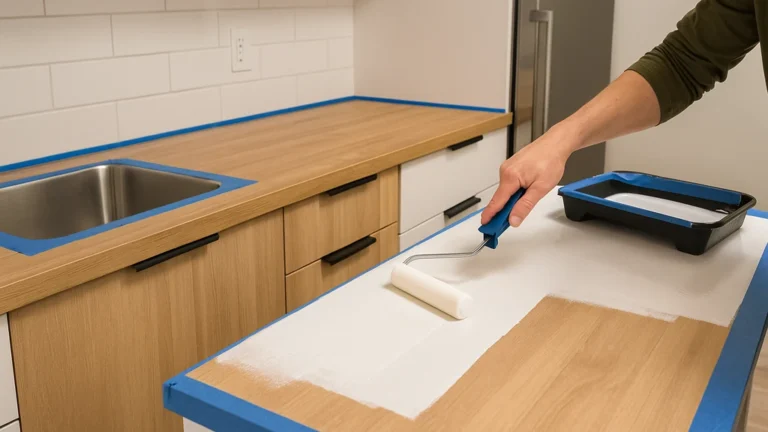 Peindre un plan de travail de cuisine : rouleau mousse appliquant une résine/peinture sur stratifié, zones masquées au ruban, évier inox et crédence carrelée