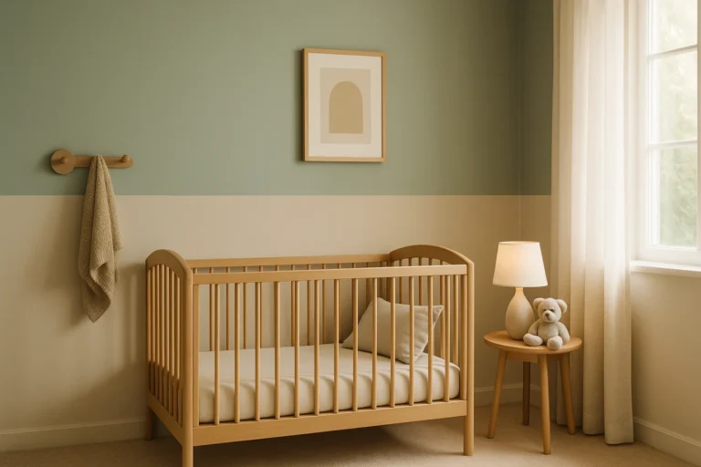 Chambre de bébé peinte avec peinture à l’eau faible COV, palette sauge et sable, berceau en bois