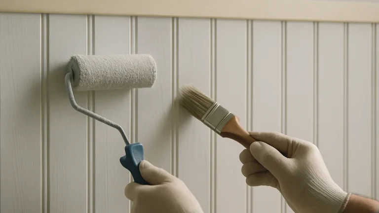 Peinture lambris : application au rouleau laqueur et pinceau spalter sur lames rainurées, teinte gris clair