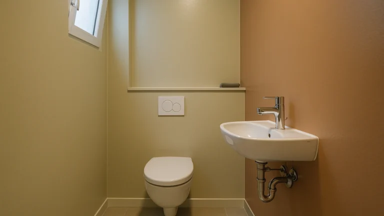 WC moderne peint en acrylique satin lessivable, mur accent terracotta et fenêtre entrouverte, finition résistante à l’humidité pour petites toilettes.