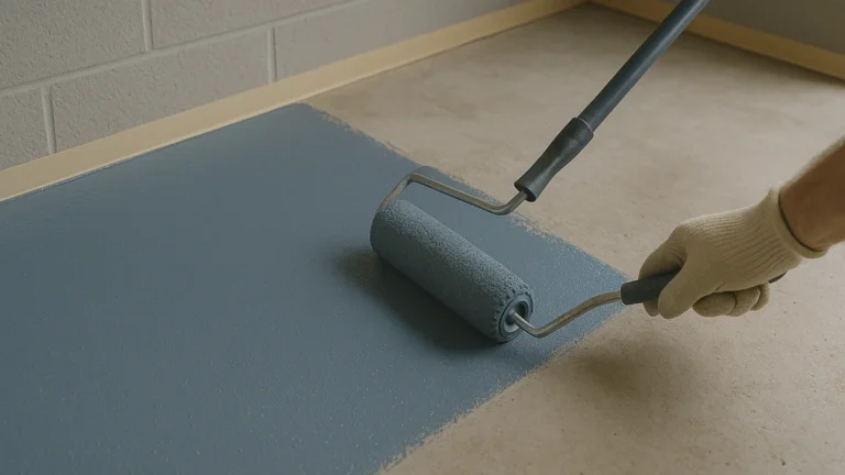 Application au rouleau d’une résine époxy bleutée sur dalle béton de garage, bande de masquage propre, rendu lisse et antidérapant