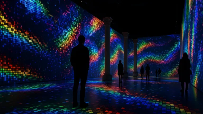 Pixel Expo Paris au Grand Palais Immersif – salle monumentale avec projections de pixels colorés, installation numérique immersive (IA, 3D, mapping), silhouettes de visiteurs à Bastille.