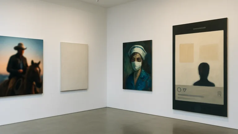 Galerie d’art contemporain, murs blancs et éclairage muséal ; quatre toiles évoquant l’univers de Richard Prince (cowboy flou, toile textuelle minimale, portrait de nurse, interface de smartphone stylisée).