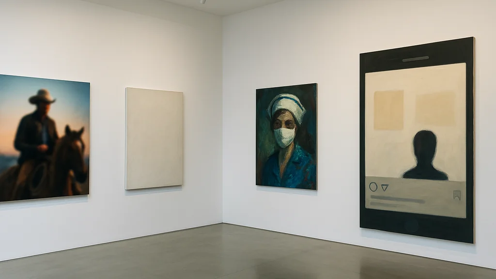 Galerie d’art contemporain, murs blancs et éclairage muséal ; quatre toiles évoquant l’univers de Richard Prince (cowboy flou, toile textuelle minimale, portrait de nurse, interface de smartphone stylisée).