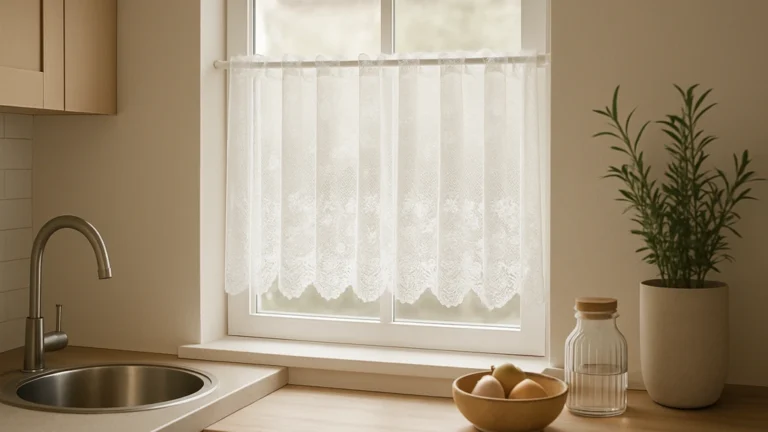 Rideau brise bise en dentelle posé à mi-hauteur sur tringle café, filtrant la lumière dans une cuisine tout en préservant l’intimité.