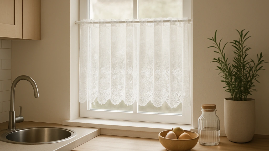 Rideau brise bise en dentelle posé à mi-hauteur sur tringle café, filtrant la lumière dans une cuisine tout en préservant l’intimité.