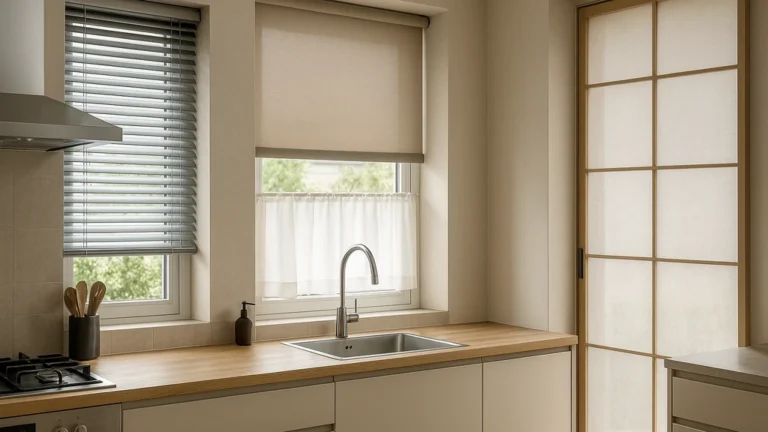 Cuisine moderne : store vénitien aluminium près des plaques, store enrouleur screen 3–5 % au-dessus de l’évier avec brise-bise court, panneau japonais pour baie vitrée — tons neutres, lignes épurées, entretien facile