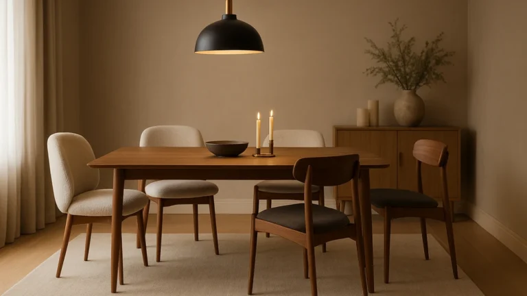 Salle à manger chic et cosy : table en bois noble, chaises en bouclé, suspension en laiton, palette greige/taupe avec accents noirs, tapis oversize sous la table