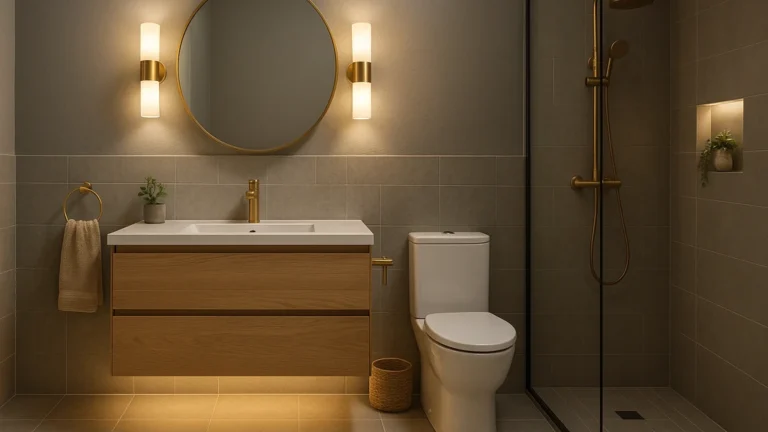 Salle de bain grise élégante : carrelage gris R10, meuble bois clair suspendu, robinetterie laiton, éclairage 2700-3000 K + 4000 K au miroir, douche vitrée moderne