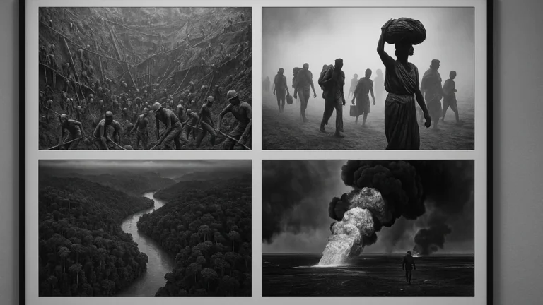 Sebastião Salgado – montage noir et blanc rappelant ses séries majeures : mineurs type Serra Pelada, migrants en marche, Amazonie sauvage, puits de pétrole en feu (esthétique documentaire contrastée).